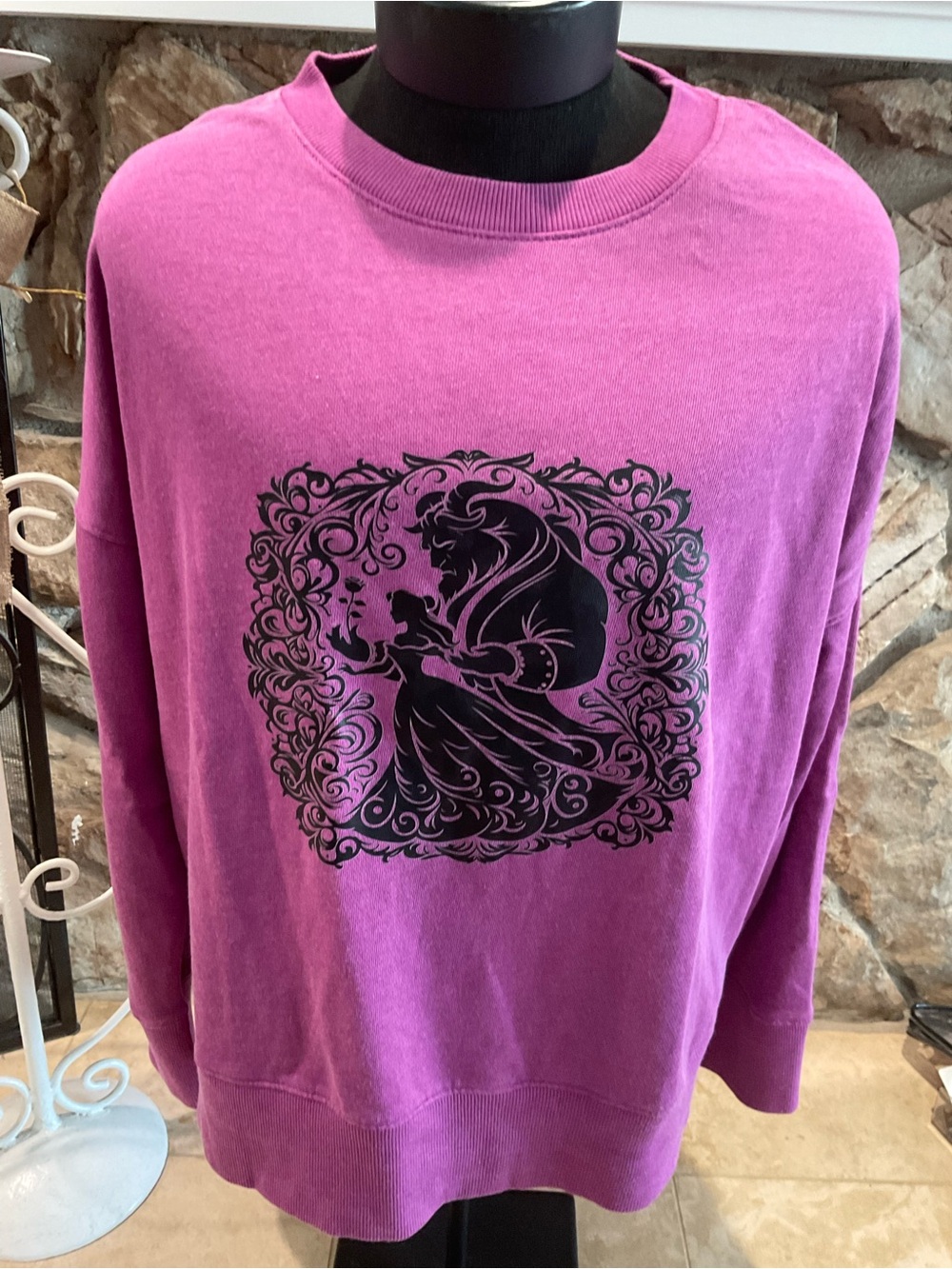 Time and Tru Magenta Crewneck Sweater with Black Silhouette Graphic Disney